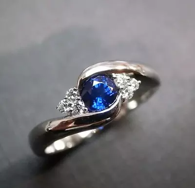 0.35 Ct Round Cut Blue Sapphire Gemstone Diamond Ring 14K White Gold Lab Created • $1004