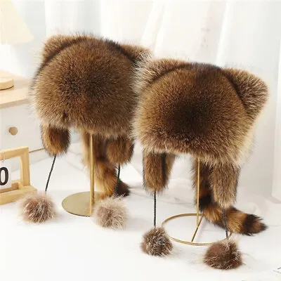 Unisex Faux Fur Hat Russian Winter Cap Cossack Outdoor Raccoon Ears Tail Cute • £12.59