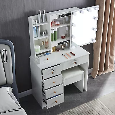 LED Lights Sliding Mirror Dressing Table &Stool Makeup Vanity Desk Set 6-Drawers • £140.66