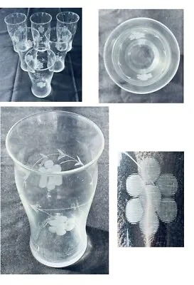 VINTAGE Glass Tumblers 12 Oz. ETCHED FLOWERS Clear Curved 6-Piece Set • $36.88