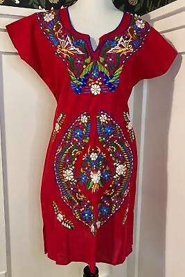 Vintage Oaxacan Embroidered Red Dress Floral Birds Medium • $24.99