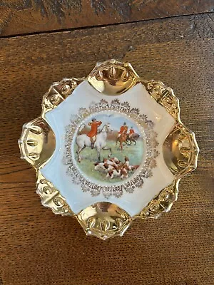 Vintage Small Porcelain Plate  English Fox Hunt Scene Gold  Gilt 5  W • $8