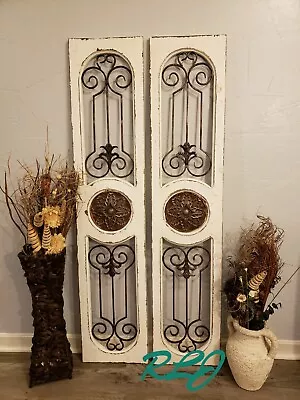 Antique White Vintage Scrolling Set Wood Metal Garden Gate Door Wall Art Panel • $224.95