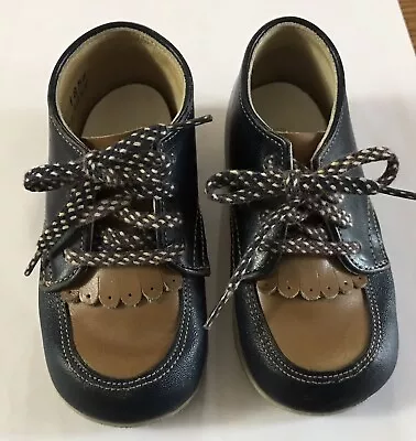 Vintage Stride Rite Baby Shoes All Leather Size 4 Boys Laces 2-Tone Blue & Brown • $9.90