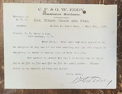 1890 Letterhead Boston Massachusetts CF & GW Eddy Hay Straw Grain Merchants • $10