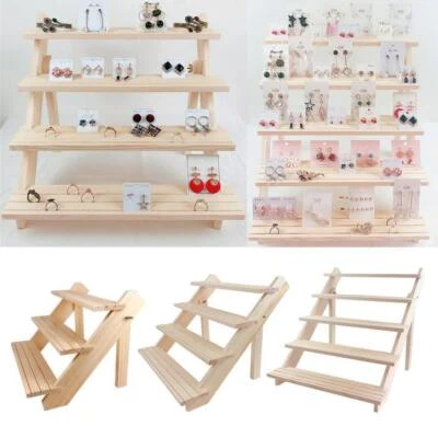 $26.99 • Buy Wooden 3/4 Tiers Earring Holder Display Rack For Jewelry Rings Shelf Watch Stand