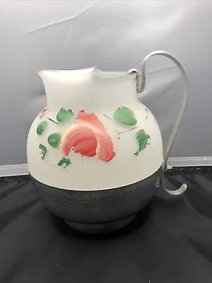 Vintage Hammered Aluminum Pitcher Glass Painted Roses Cottage Core Shabby Chic • $14.67