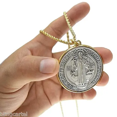 Medalla De San Benito 48mm Medal St Benedict Pendant Gold Plated Rope Chain 24  • $26.95