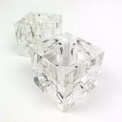 Pair Of Modernist Ice Cube Candle Holders | Hand Cut Crystal Cube Candle Holders • $42.41