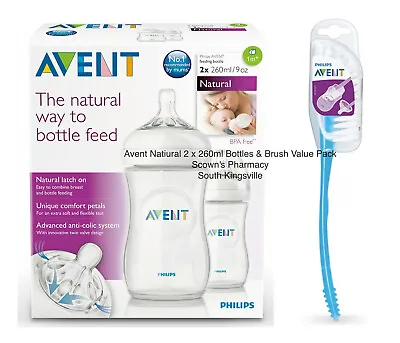 $37.95 • Buy Philips Avent Natural Lactation Feeding Bottle 2 X 260ml + Brush Value Pack 