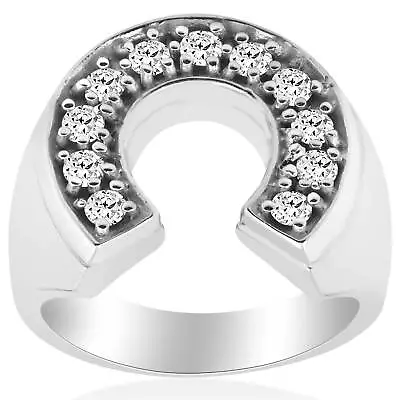 3/4 Ct Men's Diamond Horseshoe Lucky Pinkie Ring 10k White Gold Fashion • $999.99