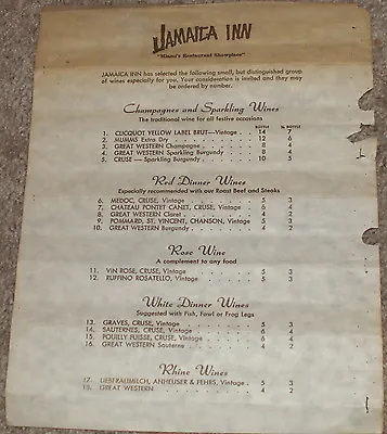 Vintage 1960's JAMAICA INN Wine List-MIAMI FLORIDA-Chateau Pontet Cruse Canet 6 • $7.95
