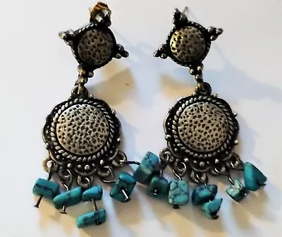 Vintage Silver Tone Medal And Howlite Turquoise Chips Dangle Post Earrings • $7