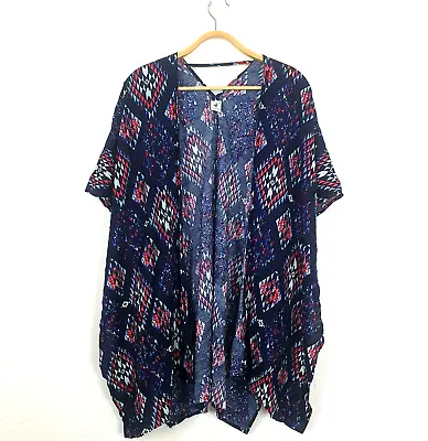 JV Womens Kaftan Cardigan Size S/M Navy Blue/Pink Print Short Sleeve • $19.95