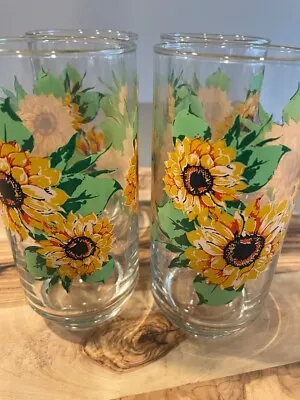 Vintage Libbey Sunflower Floral Drinking Glass Tumblers 6  Tall Set Of 4 EUC • $20