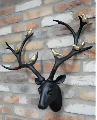 Wall Mounted Black Stag Head Gold Birds Wall Decoration Deer Antler Sculpture • £64.99