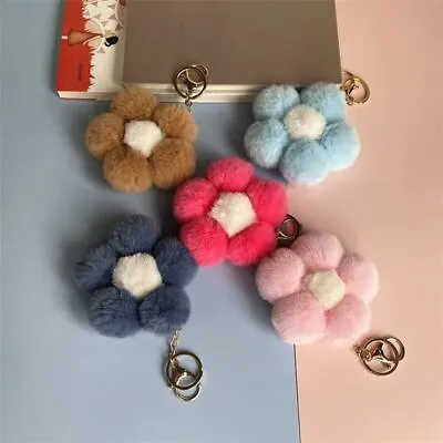 Flower Ball Plush Keychains Fur Pompom Charm Keyrings Women Accessories 1pc Set • $10.35