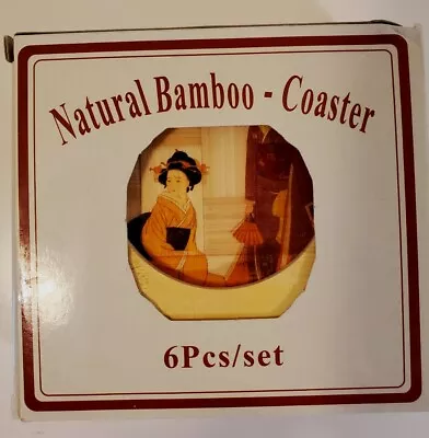 Vintage Set Of 6 Natural Bamboo Coasters With Holder Woman Wearing Kimono • $12.50