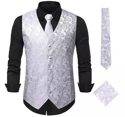 Mens Formal Wedding Waistcoat Floral Paisley Suit Vest Slim Tuxedo Silk Tie Set • $30.48