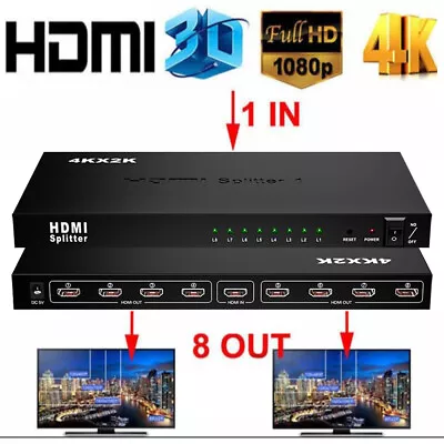 1X8 8 Port HDMI Splitter Switch 1 In 8 Out Repeater Amplifier Hub 3D Ultra 4K HD • £36.88