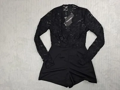 PrettyLittleThing Black Lace Long Sleeve Plunge Playsuit Size Uk 8 BNWT • £9.99