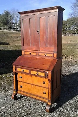 Antique 2 Piece Cherry Curly Maple Slant Front Secretary Desk Bookcase Top 1850 • $3494.98