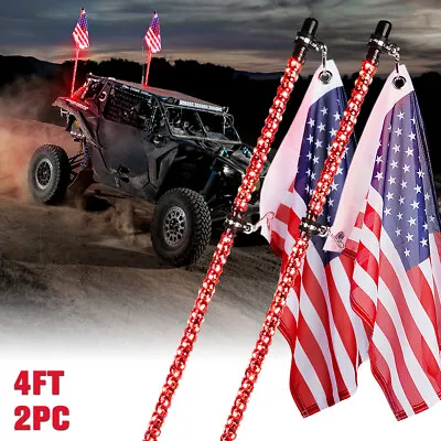 2 PCACK 4ft Spiral Static RED LED Whip Light USA Flag ATV UTV RZR Accessories • $89.99