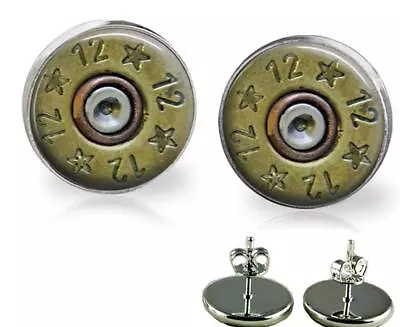 12 Gauge Bullet Spent Shell Image Glass Top Stud Earrings In 2 Sizes Handmade • $12.95