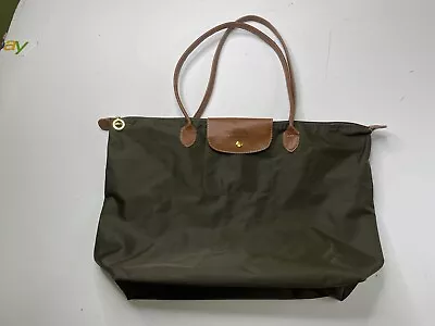 Longchamp Le Pliage Tote Shopping Bag Green Modele Depose Nylon Brown Leather • $29.99