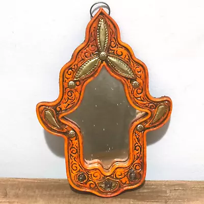 RARE Old Moroccan Wall Decor Mirror Handmade Hamsa Wood And Copper Vintage • $75