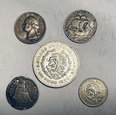 $2.25 • Buy Silver Coin Lot Mexican,American & Portuguese Coins 1853 Liberty 1964 Washington