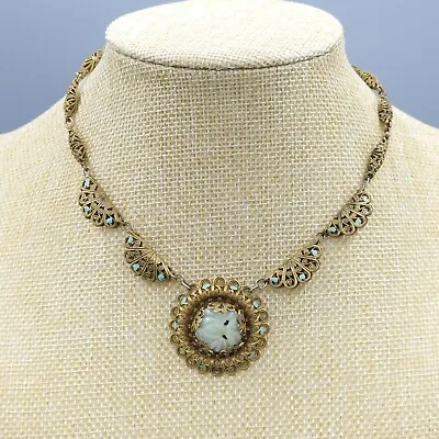 $119.76 • Buy Antique Carved Jade Jadeite Enamel Brass Filigree Choker Necklace 15 
