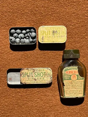 Vintage PFLUEGER SPEEDE REEL OIL Bottle  & (2) PFLEUGER Split Shot Tins • $12.50