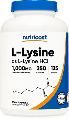 Nutricost L-Lysine 1000mg 250 Capsules - Gluten Free Non-GMO 500mg Per Cap • $14.98