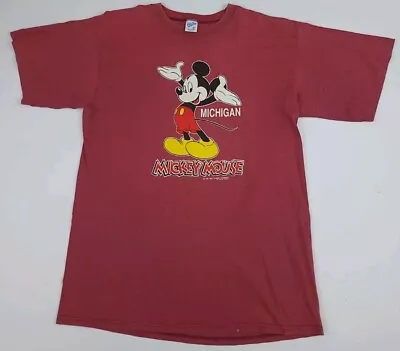 Vintage 90s Mickey Mouse Michigan Striped Velva Sheen T Shirt Vtg Disney USA  • $22.99