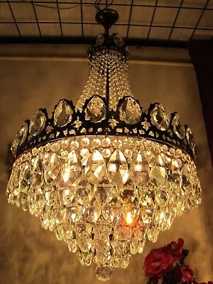 Antique Vintage French Crystals Chandelier HUGE Swarovski Ceiling Lamp 1940*s • £0.99