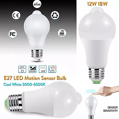 PIR Infrared Motion Sensor LED Bulb Light E27 12W 18W 110V 220V Cool White SS742 • $7.52