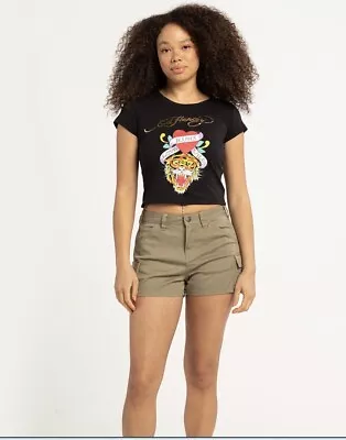 🐯new ED HARDY Women T-shirt Baby Tee EHW1104-2 Heart Tiger Black Cotton L • £34.70