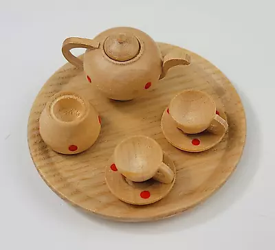 Vintage Germany Miniature Wooden Tea Set On Tray Red Dots Coffee Not Complete • $9.99