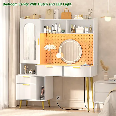 Modern Vanity Desk Lights & Mirror & Reversible Cabinett Desk + Makeup Drawers  • $159.99