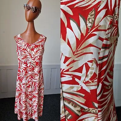 Damart Vintage Midi DRESS Size 12 Red Leaf Pattern Viscose 90s Grunge Boho AT56 • £15