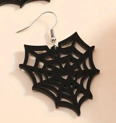 Black Laser Cut Spider Web Drop Pendant Earrings Set • £7