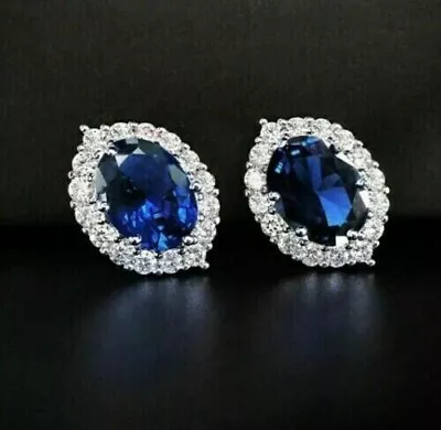 4.00 Carat Oval Cut 14k White Gold Plated Blue Sapphire & Moissanite Earrings • $146.23