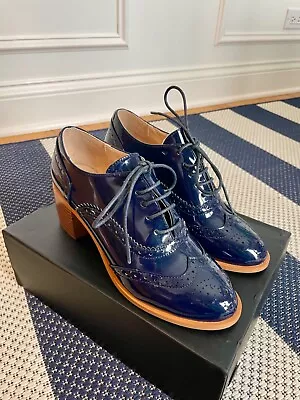 Women's Vintage Style Lace-Up Oxfords Saddle Chunky Heel Brogues Navy Patent 8.5 • $30