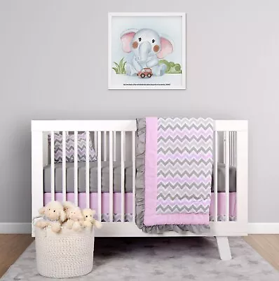 BabyFad Elephant Chevron Pink Grey Girl Cotton 9 Piece Baby Crib Bedding Set • $89.99