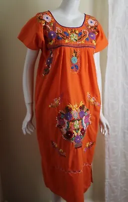 Estate VIntage Art-to-Wear Sz M 43 Bust Orange Embroidered Mexican Boho Dress • £76.24