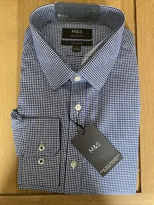 M&S MENS REGULAR FIT BLUE & WHITE GINGHAM CHECK LONG SLEEVE SHIRT Collar 17” • £19.99