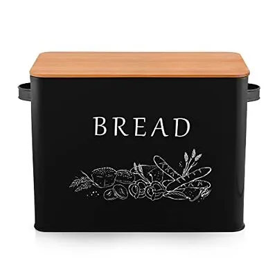 Black Bread Box With Bamboo Lid For Kitchen Countertop Large Farmhouse Metal Bre • $38.57