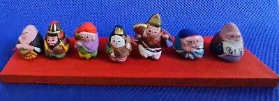 Vintage Japanese 7 Lucky Gods Of Good Fortune Mini Clay Figurines On Wood Base • $15