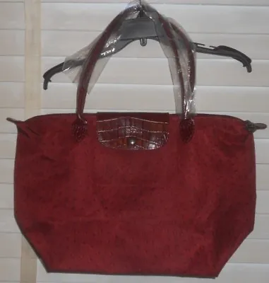 New Longchamp Paris~Art To Wear~Red Ostrich Print Lg Croc Long Handle Pliage Bag • $138